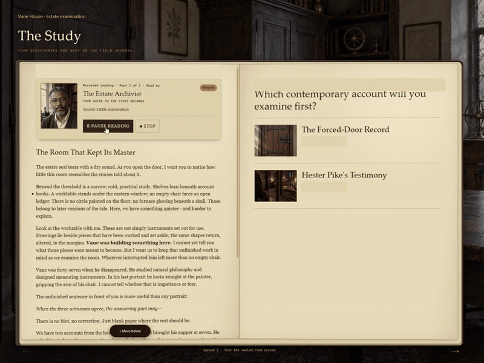The Alchemist opening storybook, with the first account visible and test progress redacted.