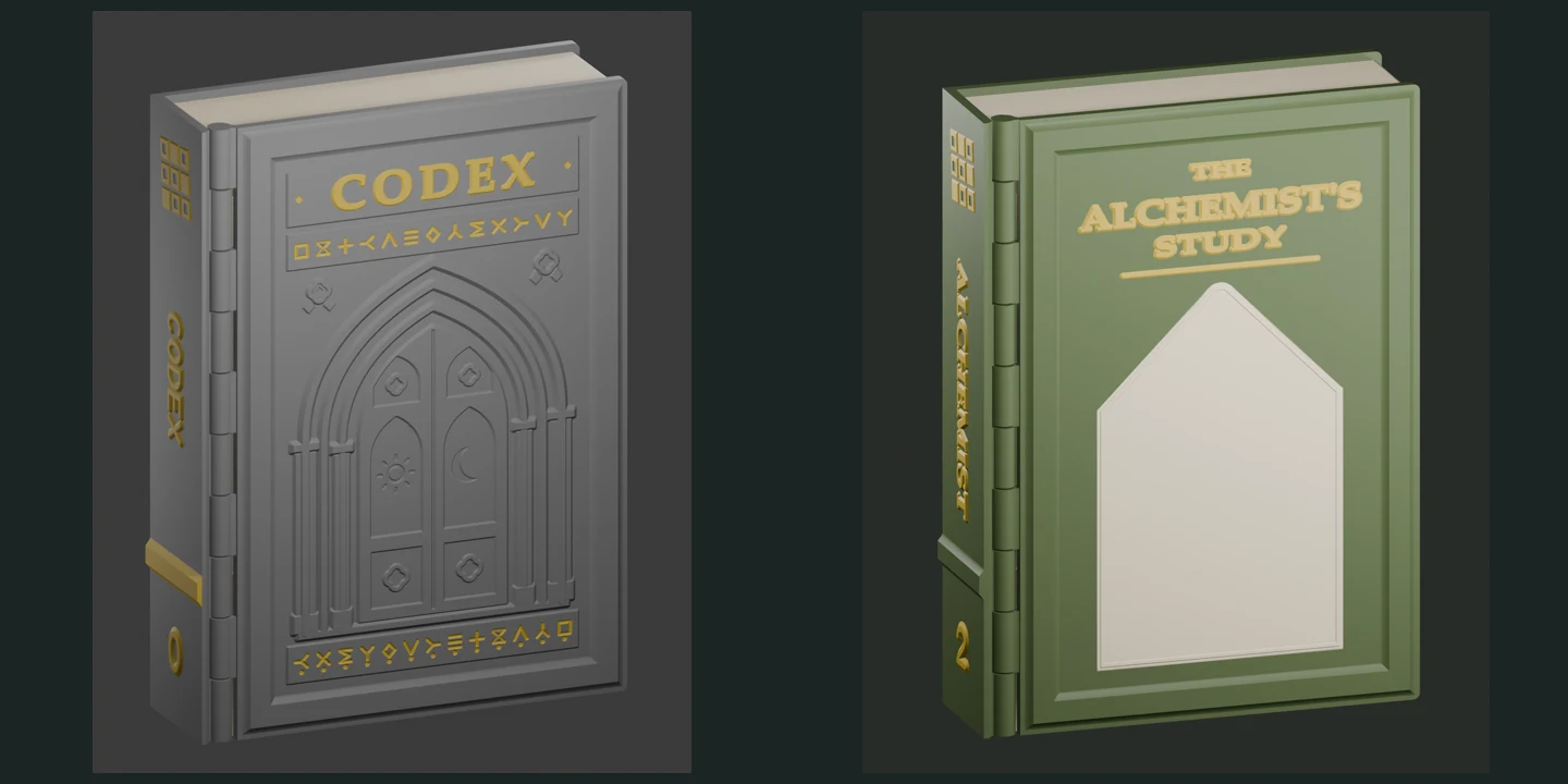 Exterior CAD development renders of the Codex and Alchemist book.