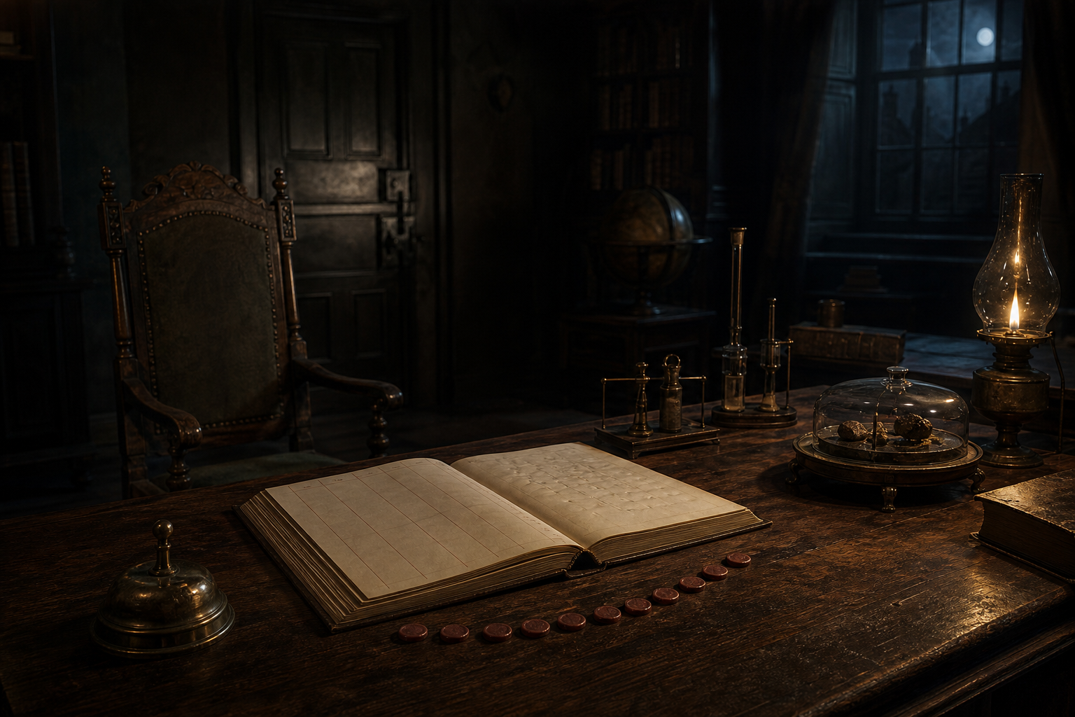 An atmospheric illustration of an open ledger and an empty chair in lamplight.