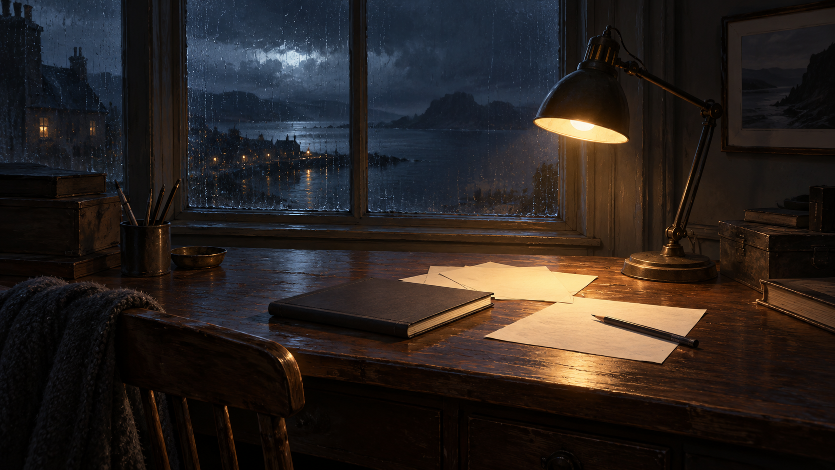 An imagined present-day desk with a plain notebook, blank paper and an electric lamp beside a rain-darkened window.
