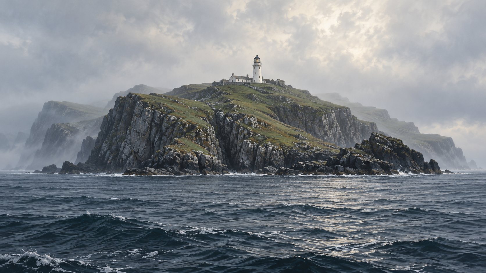 An atmospheric illustration of a white lighthouse on a rocky island, seen from the sea. This is not historical evidence or an exact reconstruction.