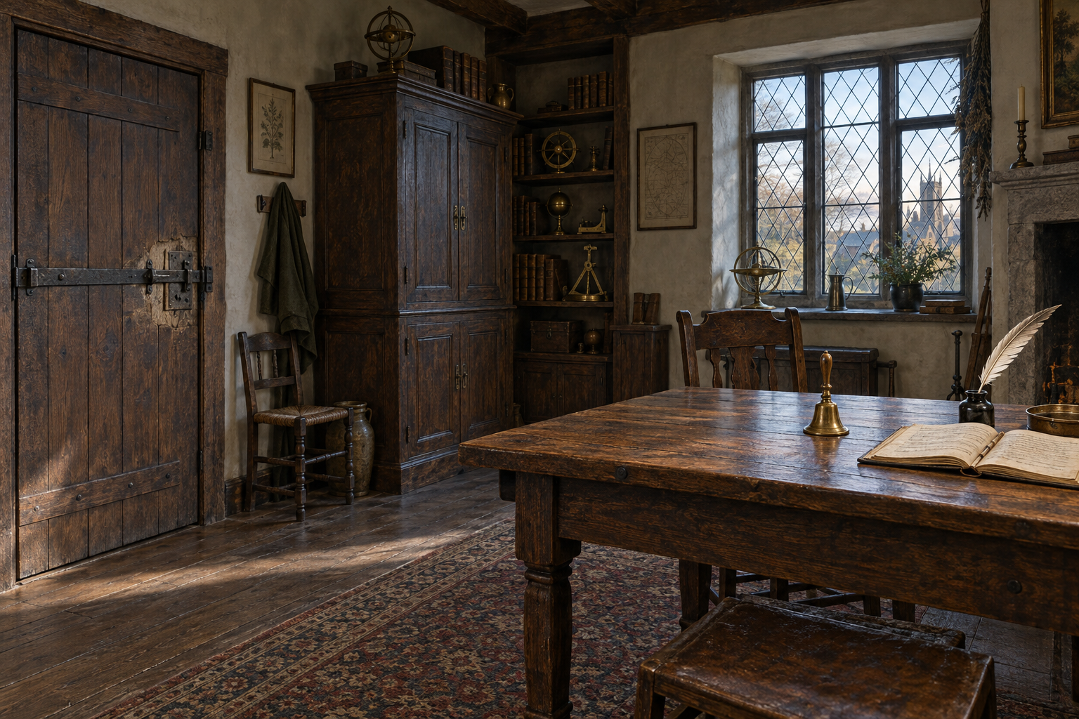 The current study illustration, with a restored bolted door, a bell and an open ledger on the table.