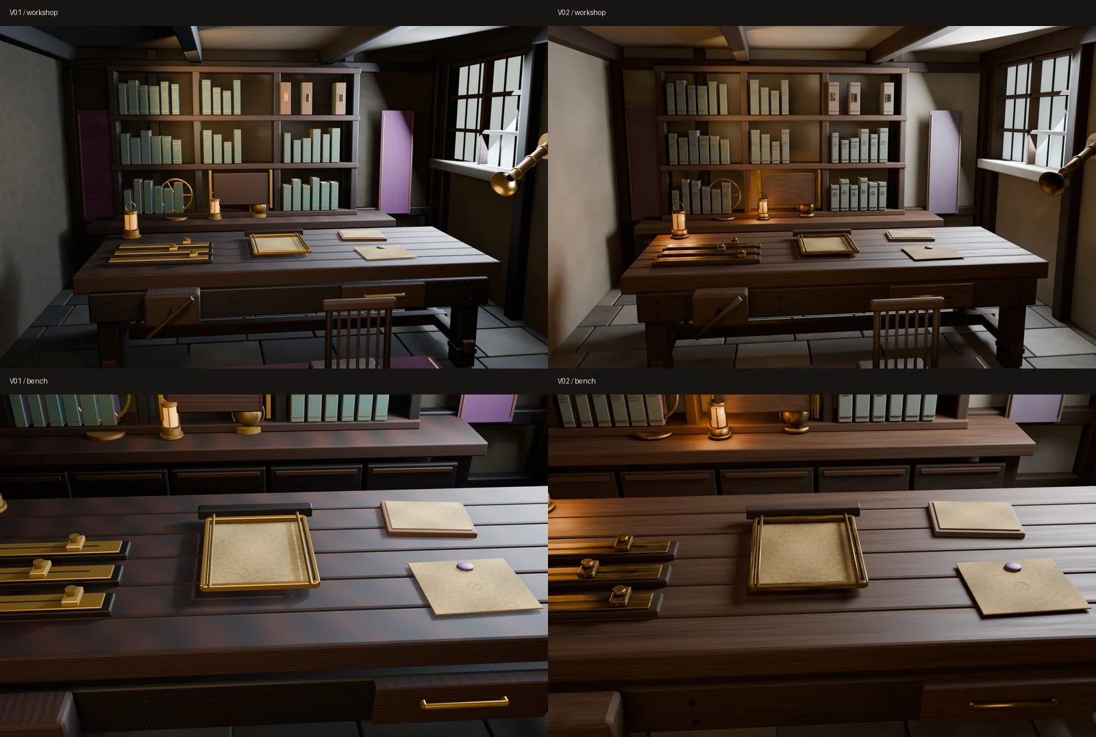 Side-by-side Blender renders compare the Apprentice workshop before and after darker walnut, aged brass and warmer lighting.