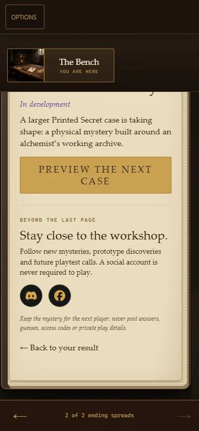 A synthetic completed-game page showing the next-case action and optional Discord and Facebook icons.