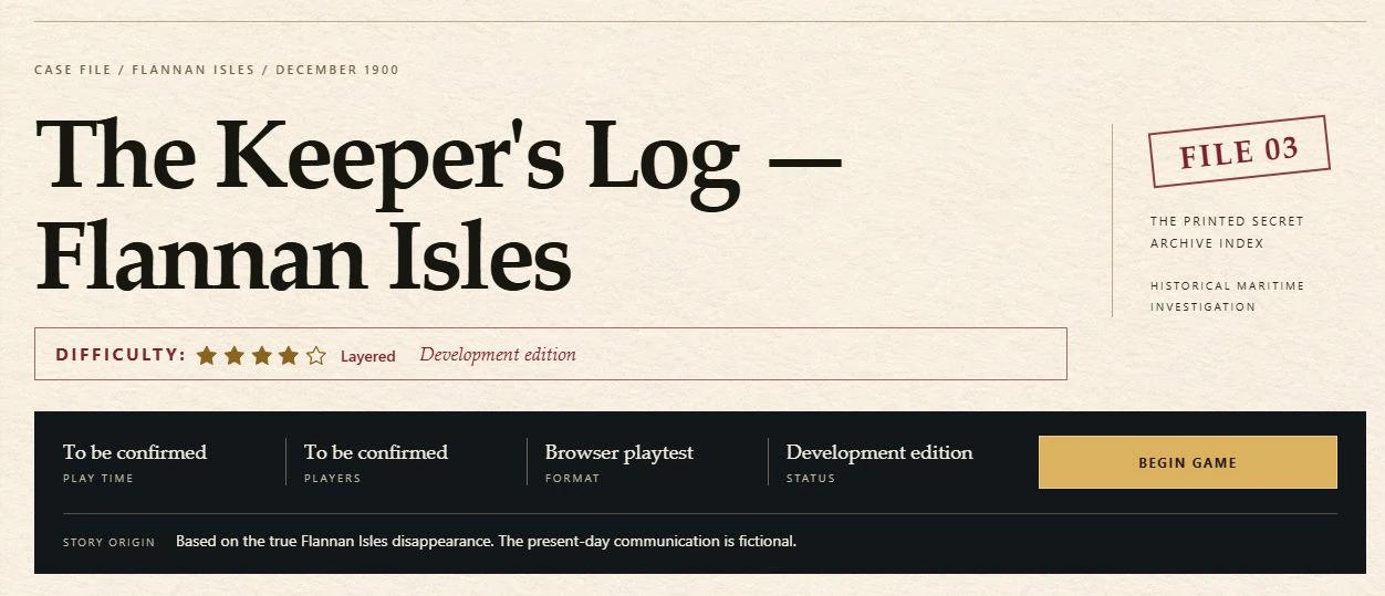The Keeper’s Log — Flannan Isles development case introduction, identifying its real historical basis and fictional present-day communication.
