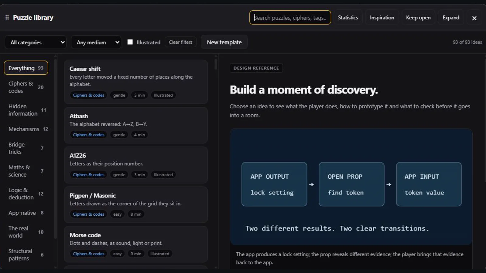 The private puzzle-design library showing generic puzzle categories and a diagram linking app output, a physical prop and app input.