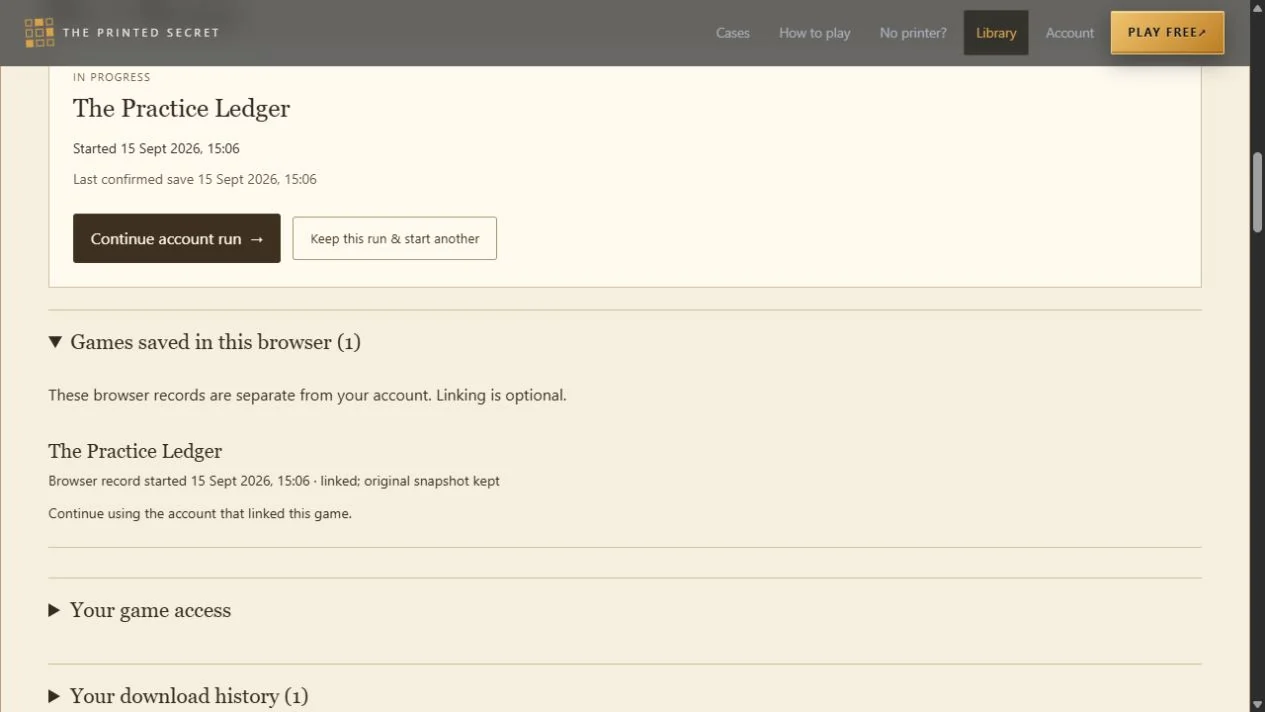 A synthetic player Library showing an invented in-progress case, browser save and download-history sections.