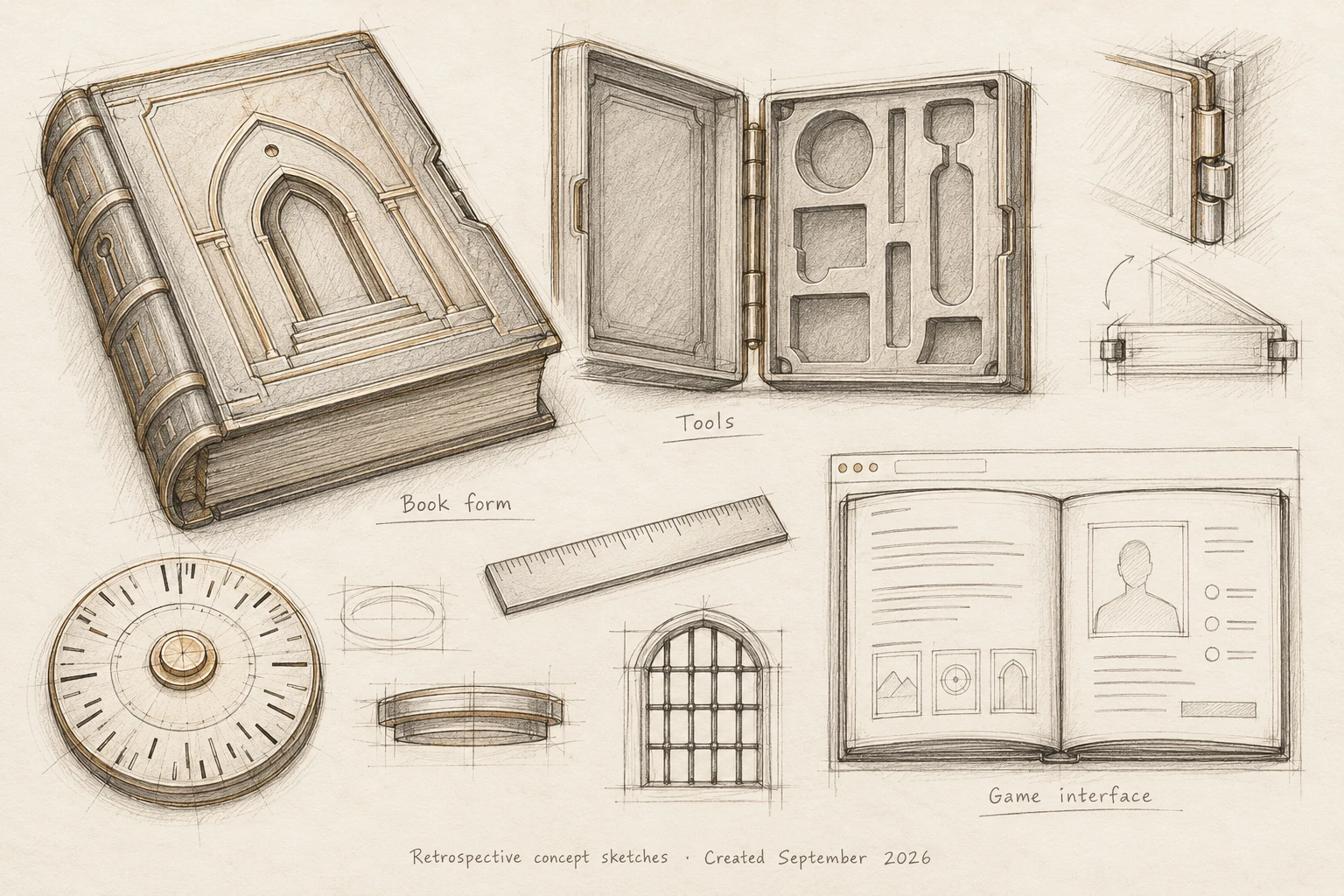 Pencil concept sheet showing a book-shaped case, open tool compartments, hinge studies, abstract wheel, ruler and grille, and a two-page browser interface. The footer identifies it as retrospective artwork created in September 2026.