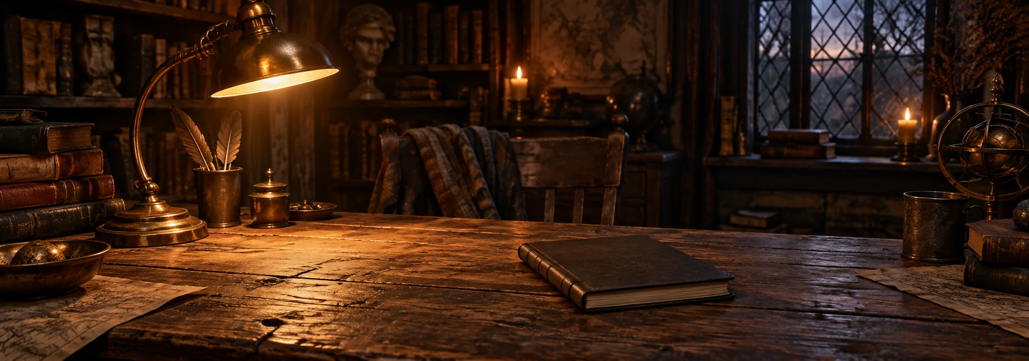 Atmospheric illustration of a lamplit workshop desk, with old books and a closed notebook.