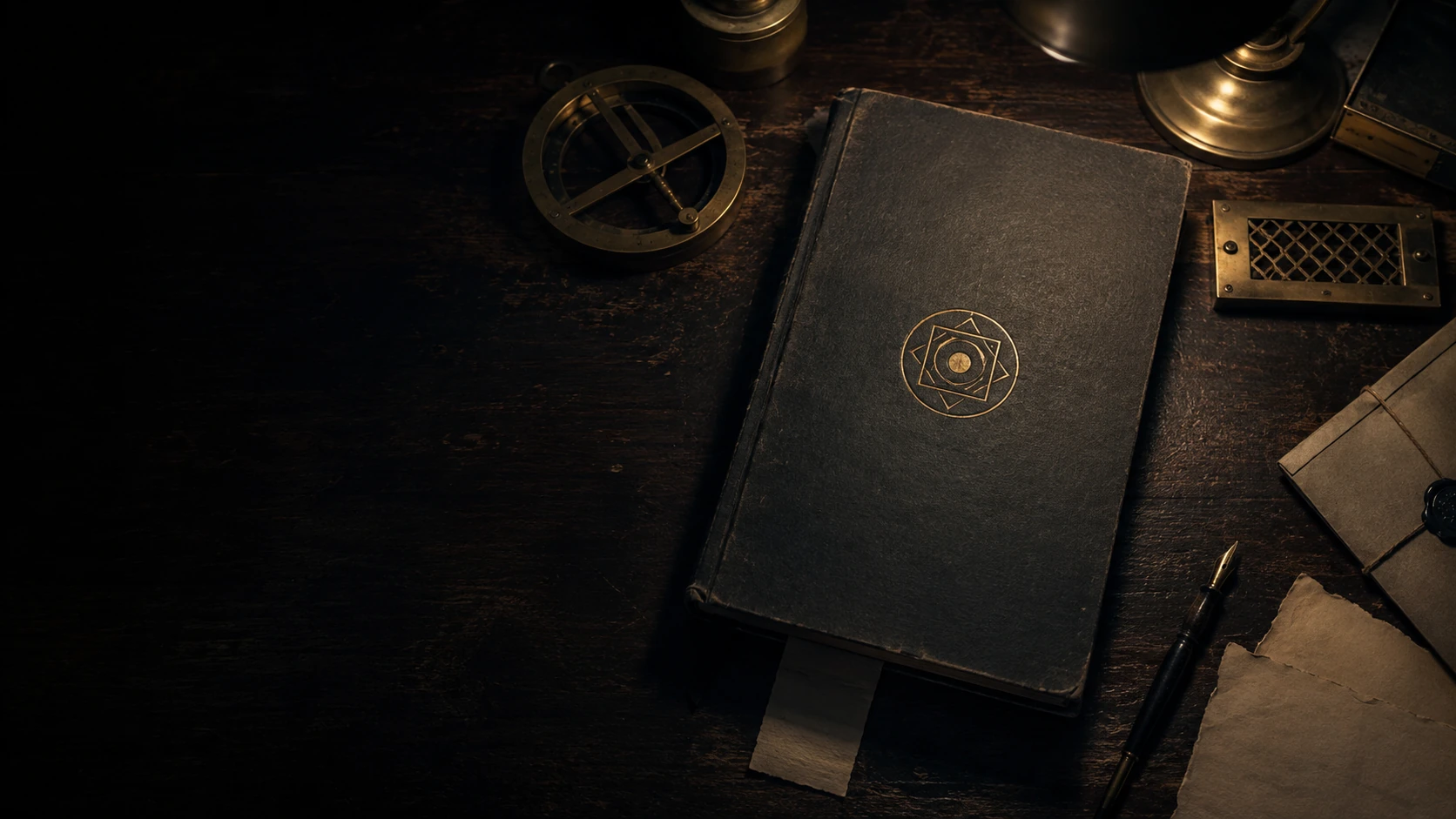 Illustrative archive book surrounded by brass instruments on a dark wooden desk.